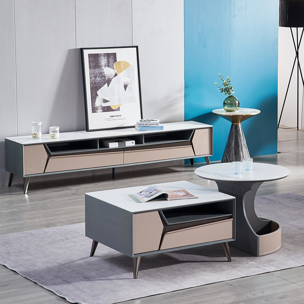

Set of 2 Chic Geometrical Rectangular TV Stand and Coffee Table Combo with Storage