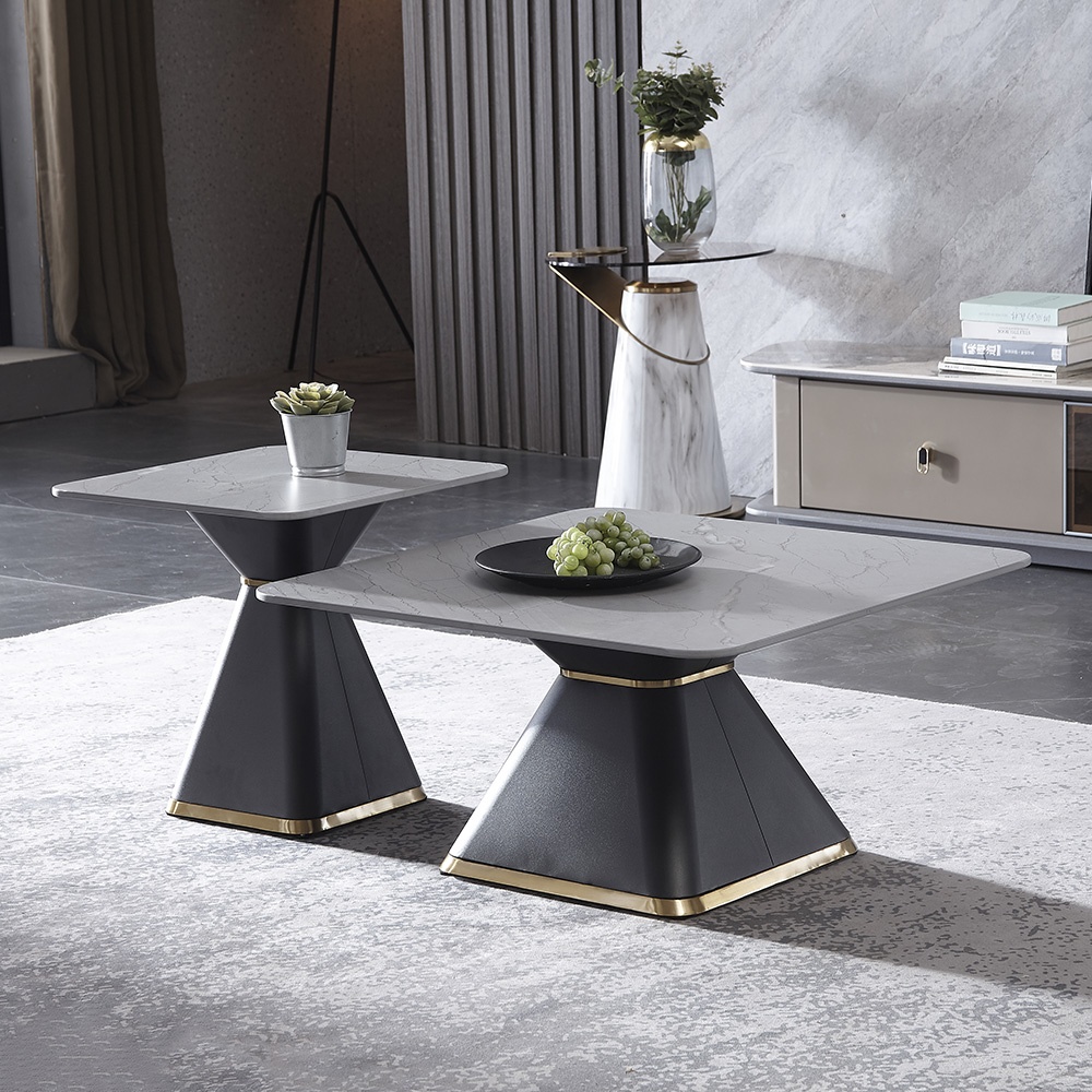 

2-Piece Stone-Top Square Coffee Table Set Hourglass-Shaped