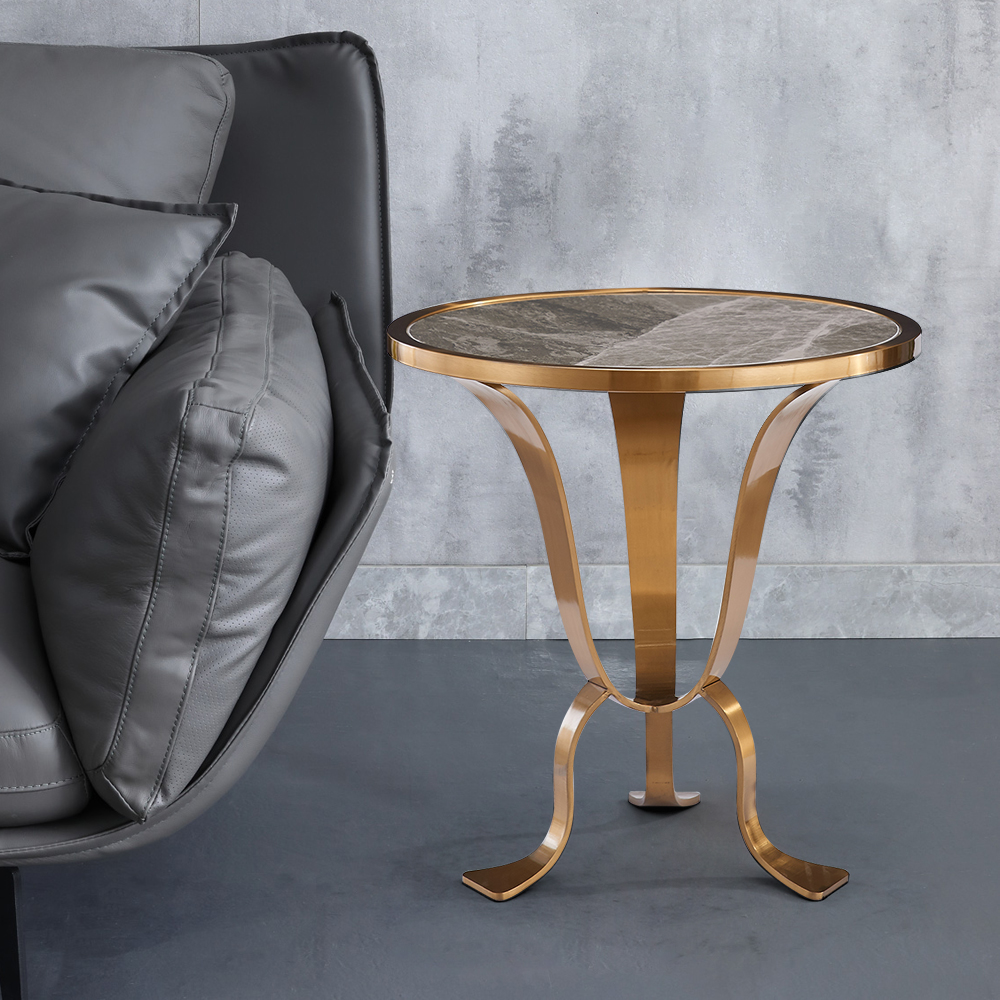 

Modern Gold End Table Stainless Steel Side Table Stone Round Tabletop