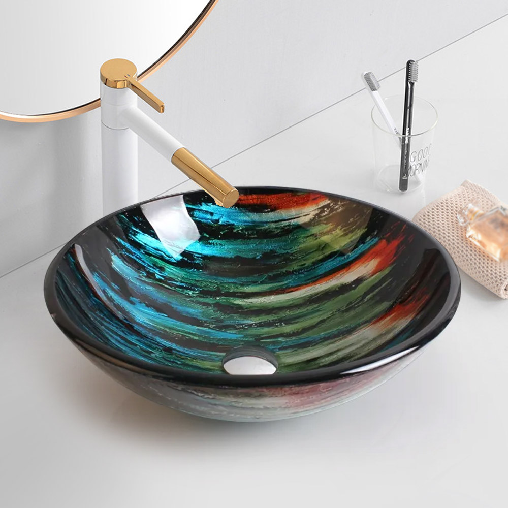 Image of Creative Multi Colour Round Bowl-Shape Tempered Glass Bathroom Wash Basin