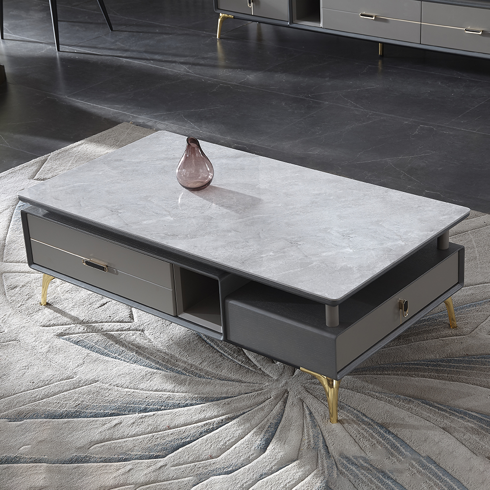 

Contemporary Gray Stone-top Coffee Table with Storage Rectangular Coffee Table