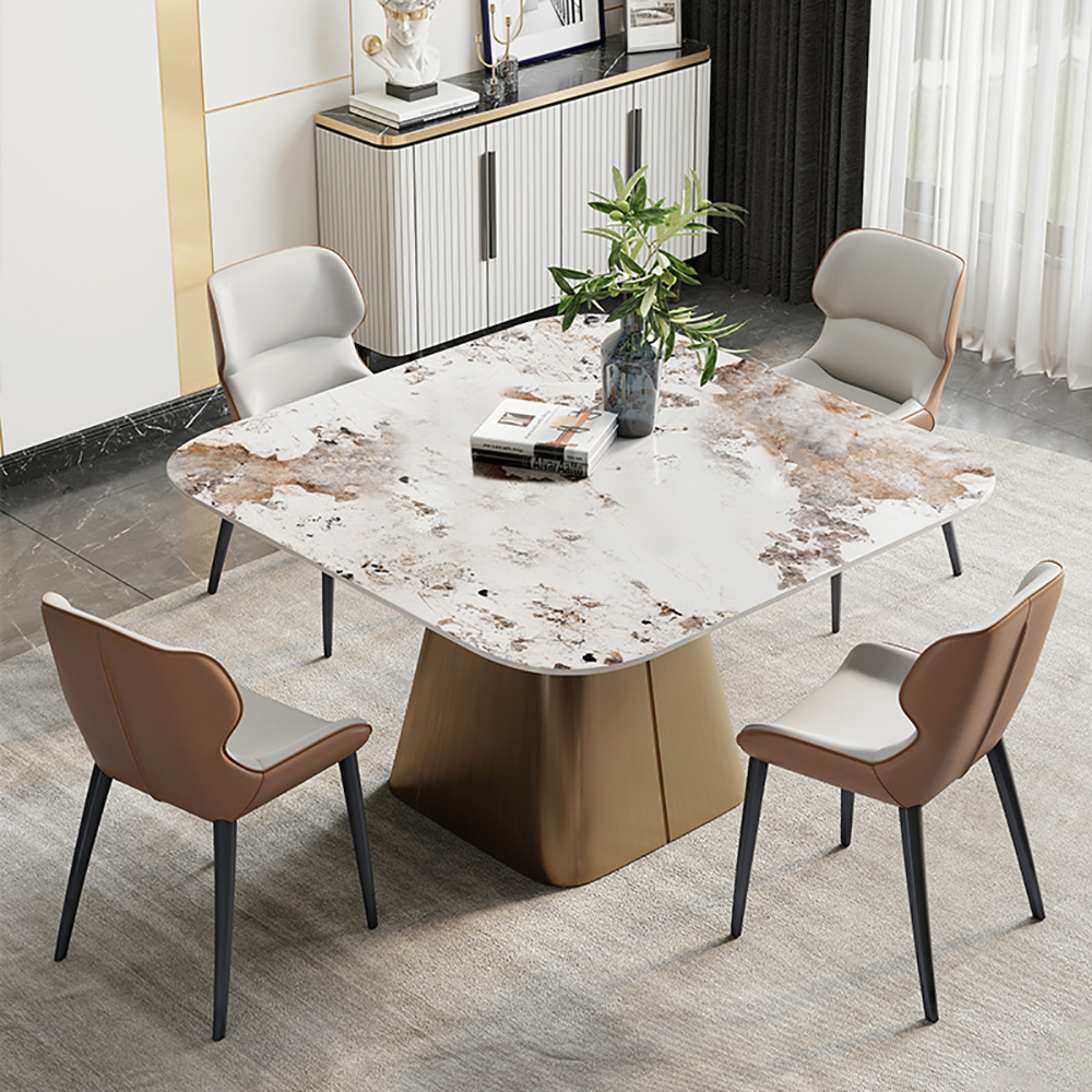 

5-Piece 59.1" Square Stone-Top Pedestal Dining Table Hourglass-Shaped Base