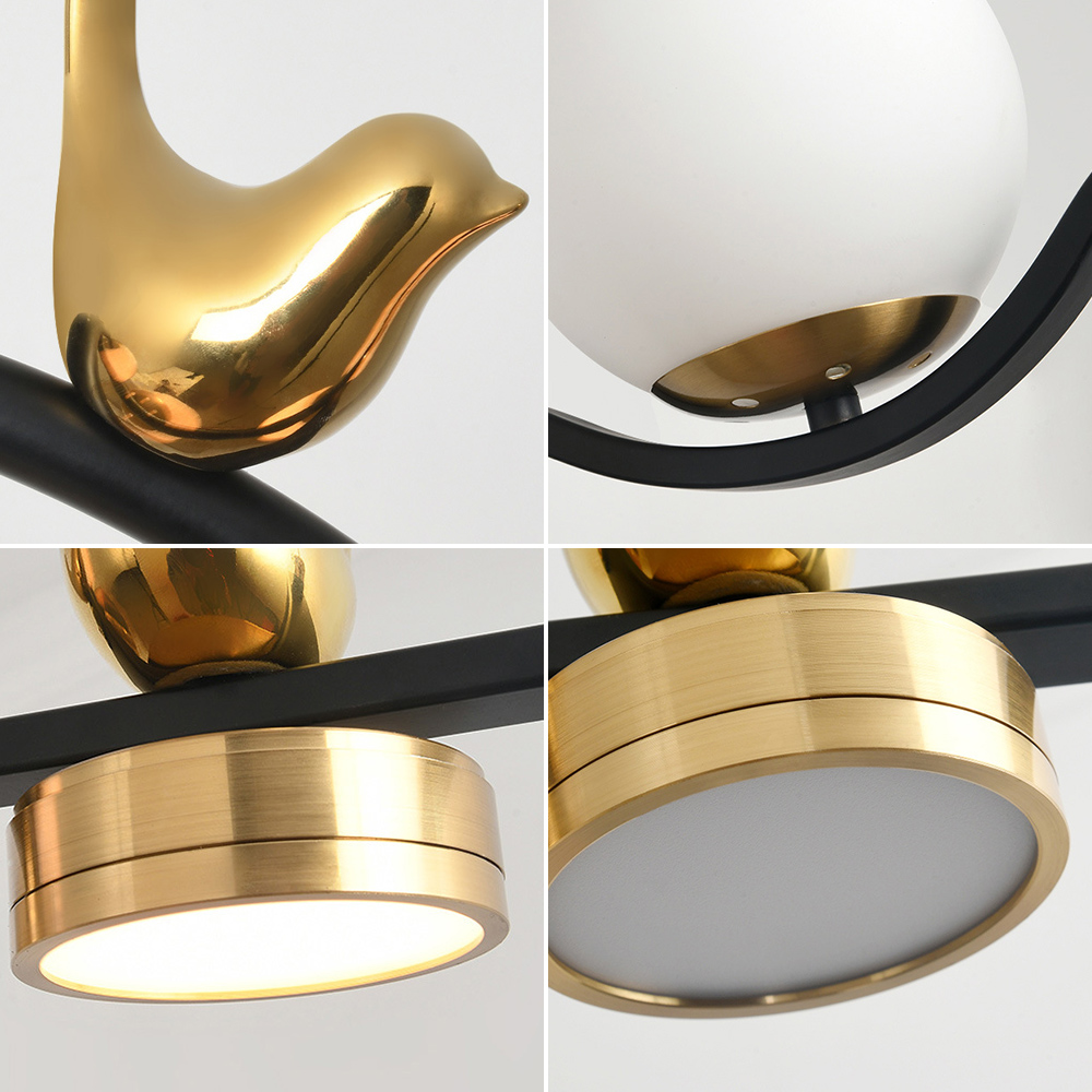 Modern Glass Globe Shades Kitchen Island Light in Black & Gold with 2 Decor Birds