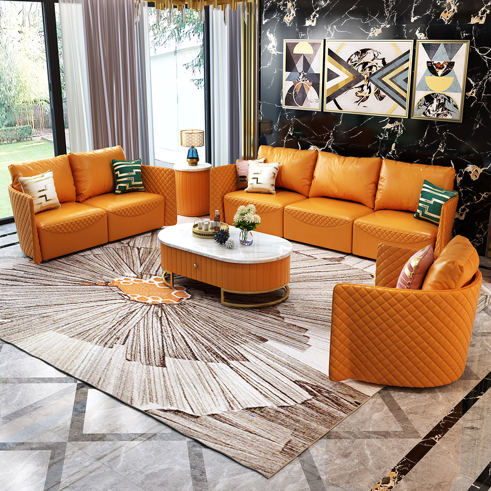 Modern 3-piece Set Orange Faux Leather Sofa Set With Solid Wood Frame