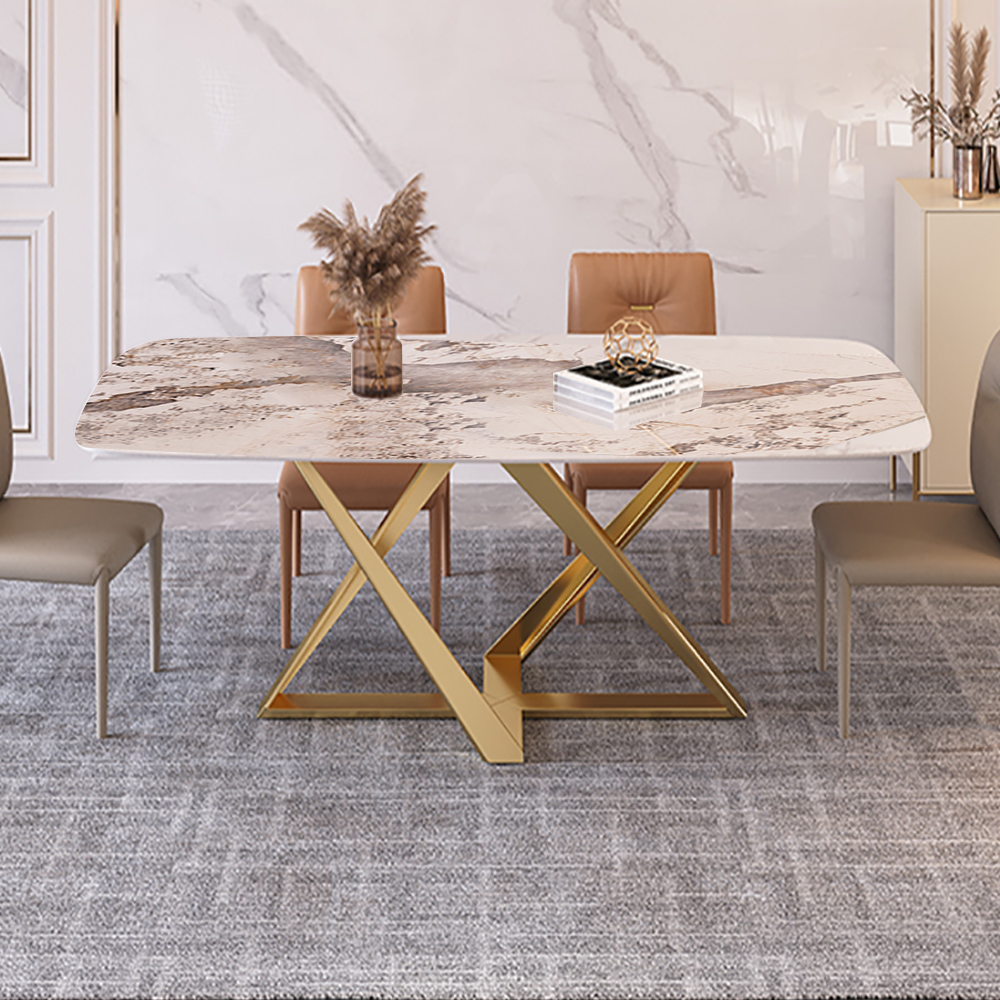 

55.1" Rectangle Stone-Top Pedestal Dining Table with X-Shaped Base