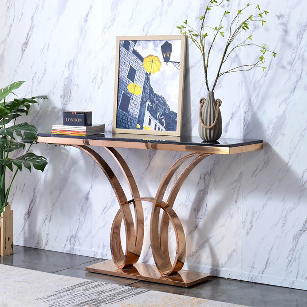 47.2" Contemporary Black Marble Console Table Rose Gold Base Narrow Entryway Table