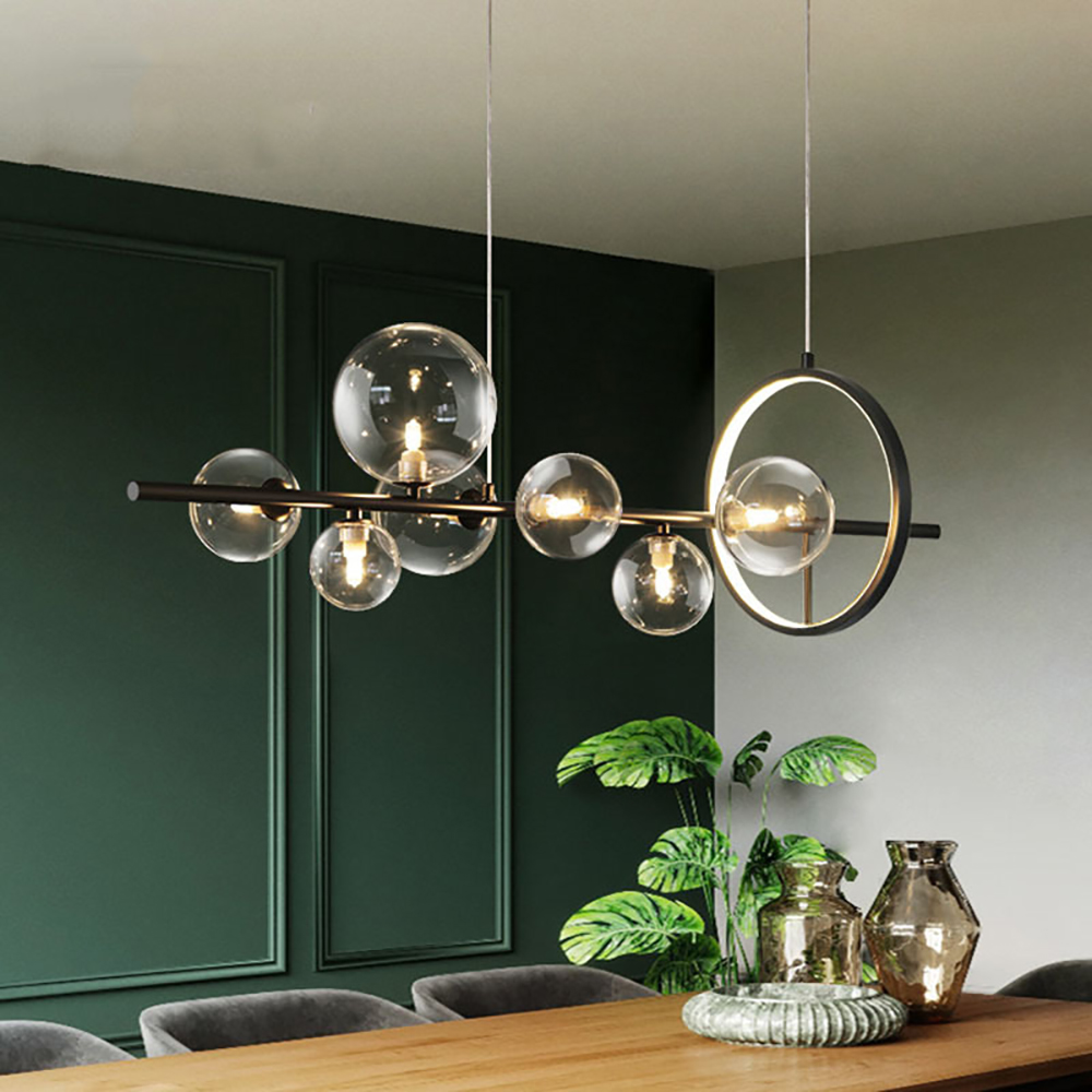Modern Minimalist 7-Light Glass Globe Shade Kitchen Island Light in Black