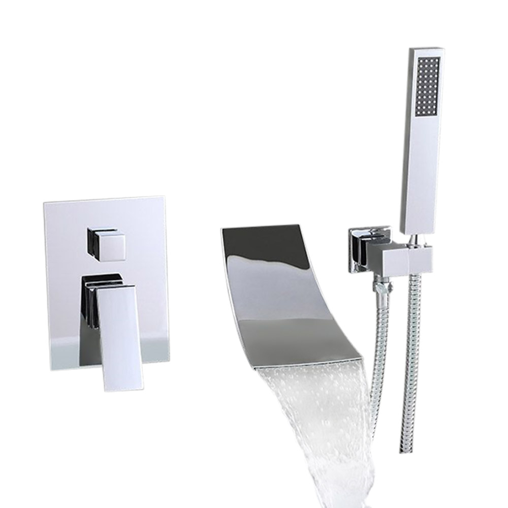 Modern Waterfall Wall-Mount Bath Filler Mixer Tap & Handshower in Polished Chrome
