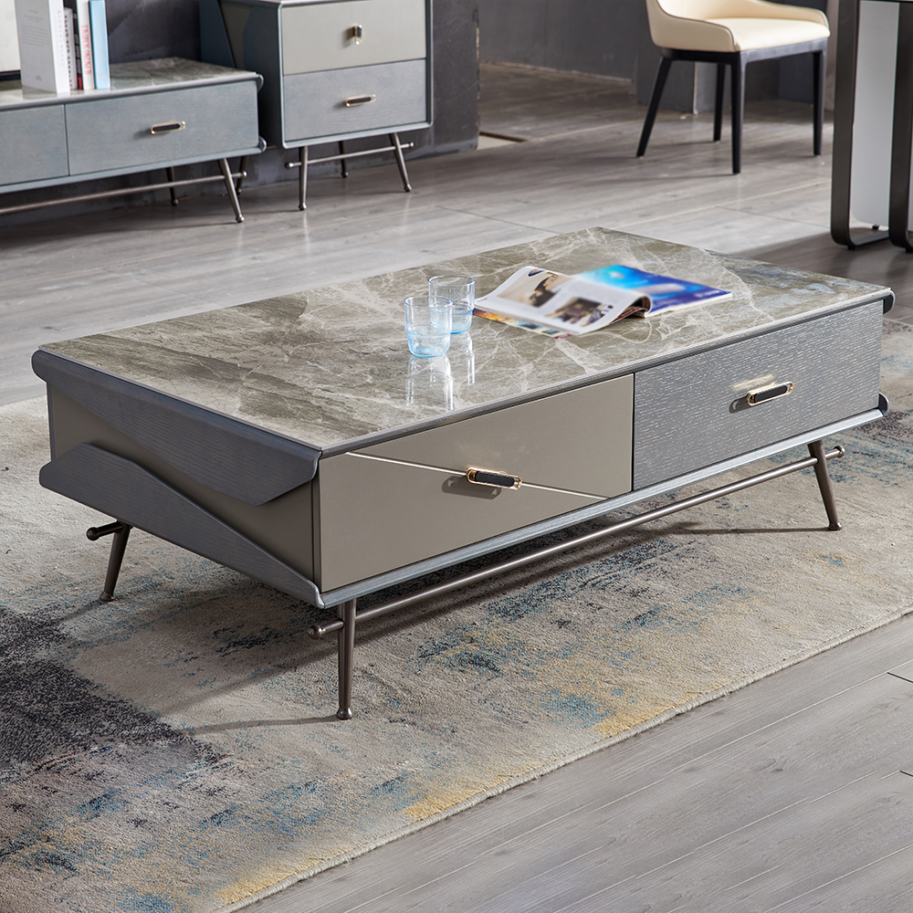 

51.2" Stone Top Rectangular Gray Coffee Table with 4 Drawers