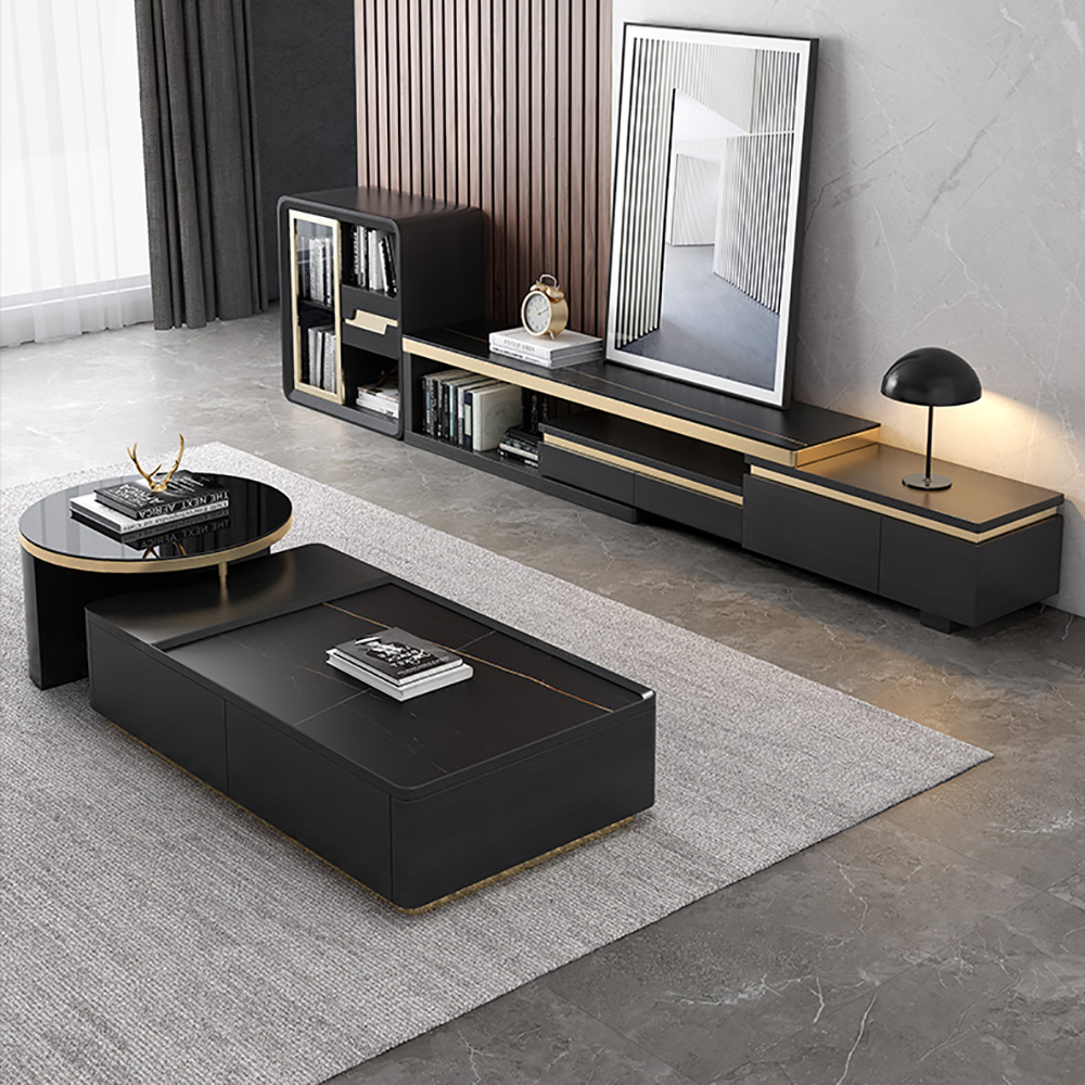 Modern Geometry Set Coffee Table & Extendable Tv Console With Storage Set Of 2