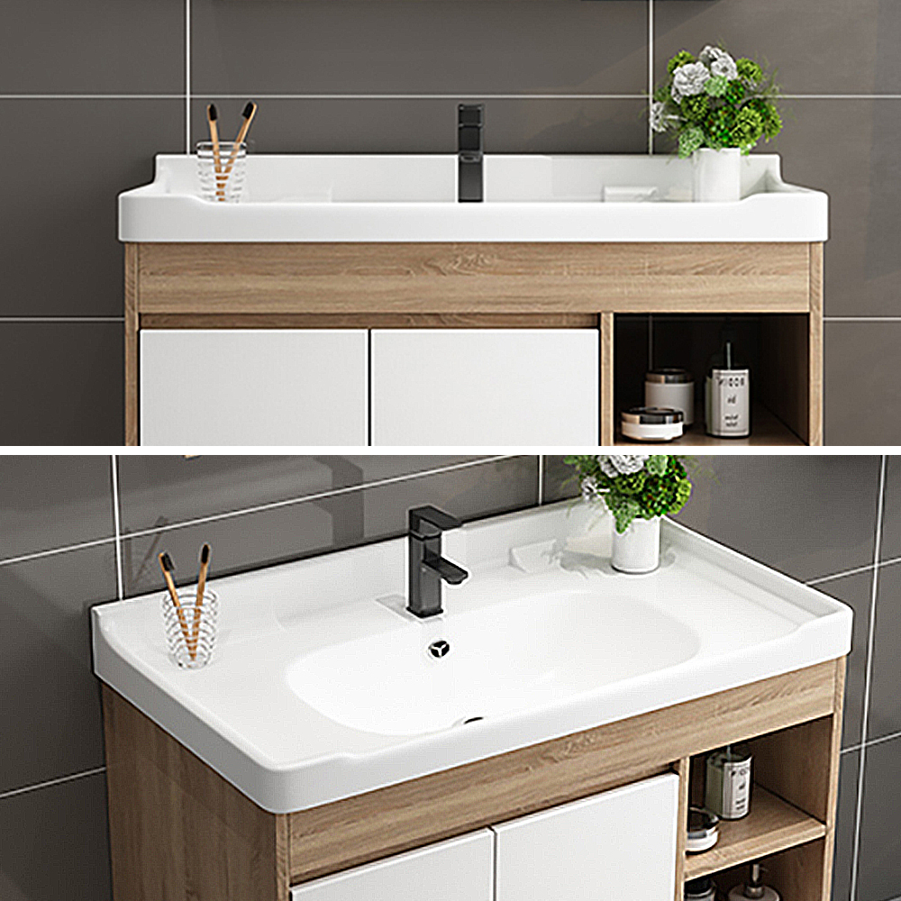 32" White & Natural Bathroom Vanity Integral Ceramic Sink Floating Bathroom Cabinet