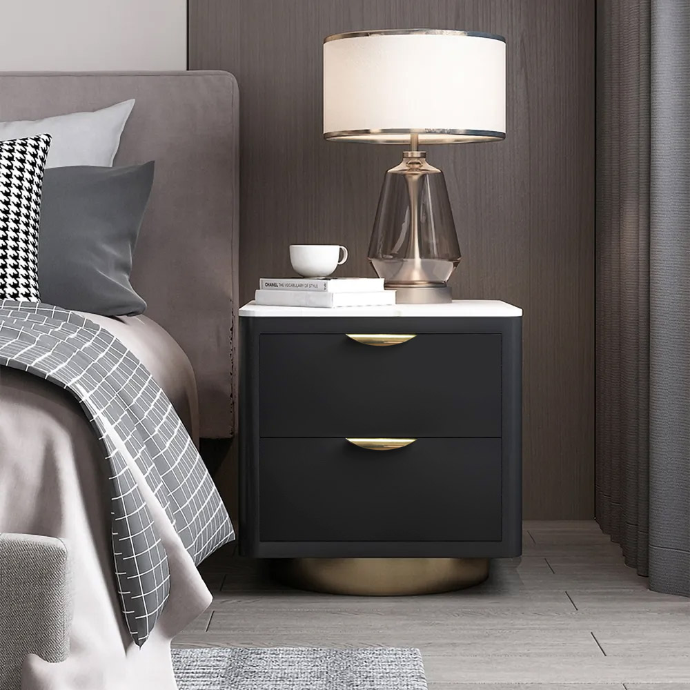 

White Stone Black Wood Gold Base Nightstand 2 Drawers Modern