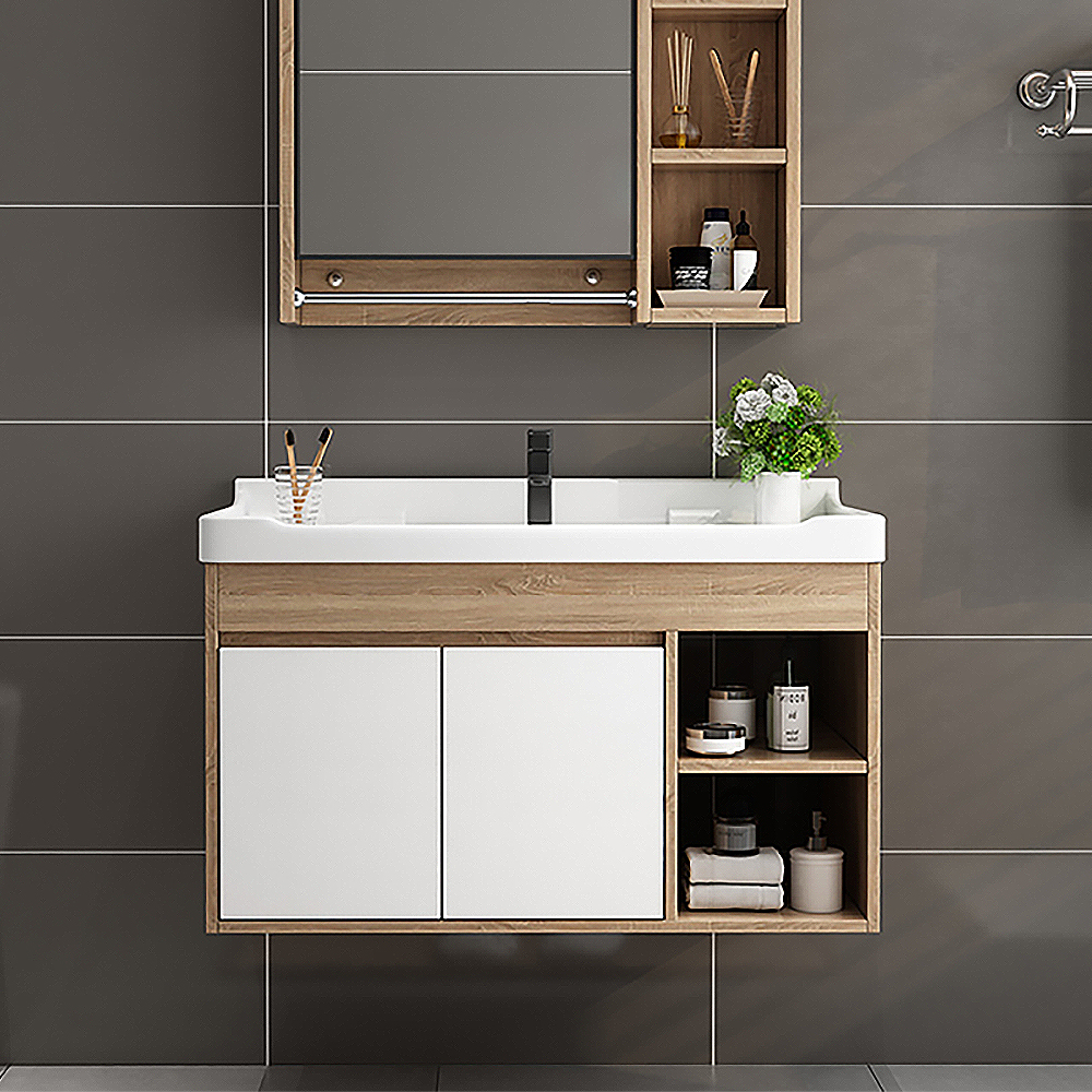 32" White & Natural Bathroom Vanity Integral Ceramic Sink Floating Bathroom Cabinet