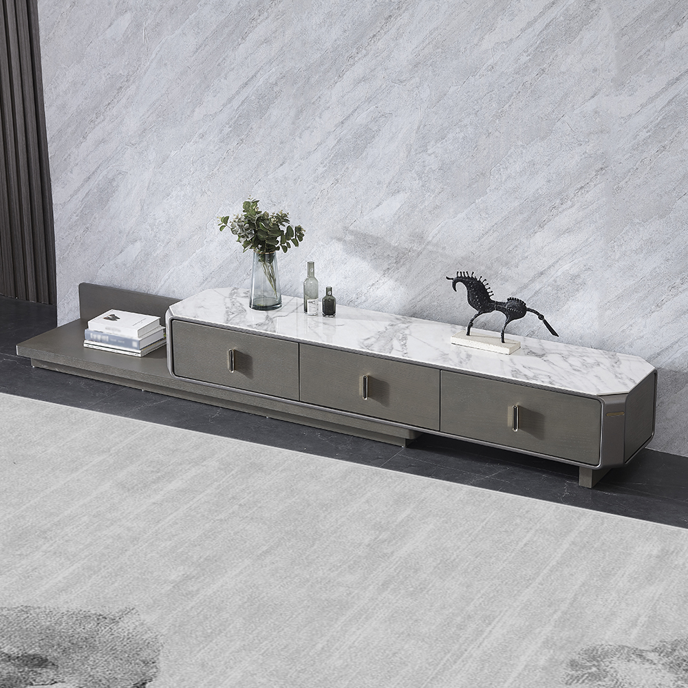 

Octagon-shaped Gray & White Retractable Stone Top TV Stand Media Console with 3 Drawers