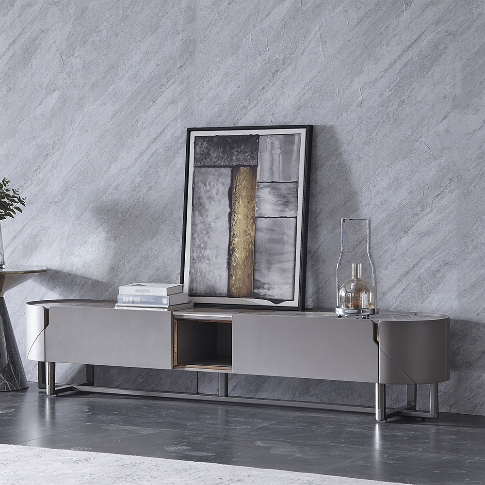 

78.7" Oval Gray Ash Wood Stone Top Freestanding TV Stand with 2 Drawers