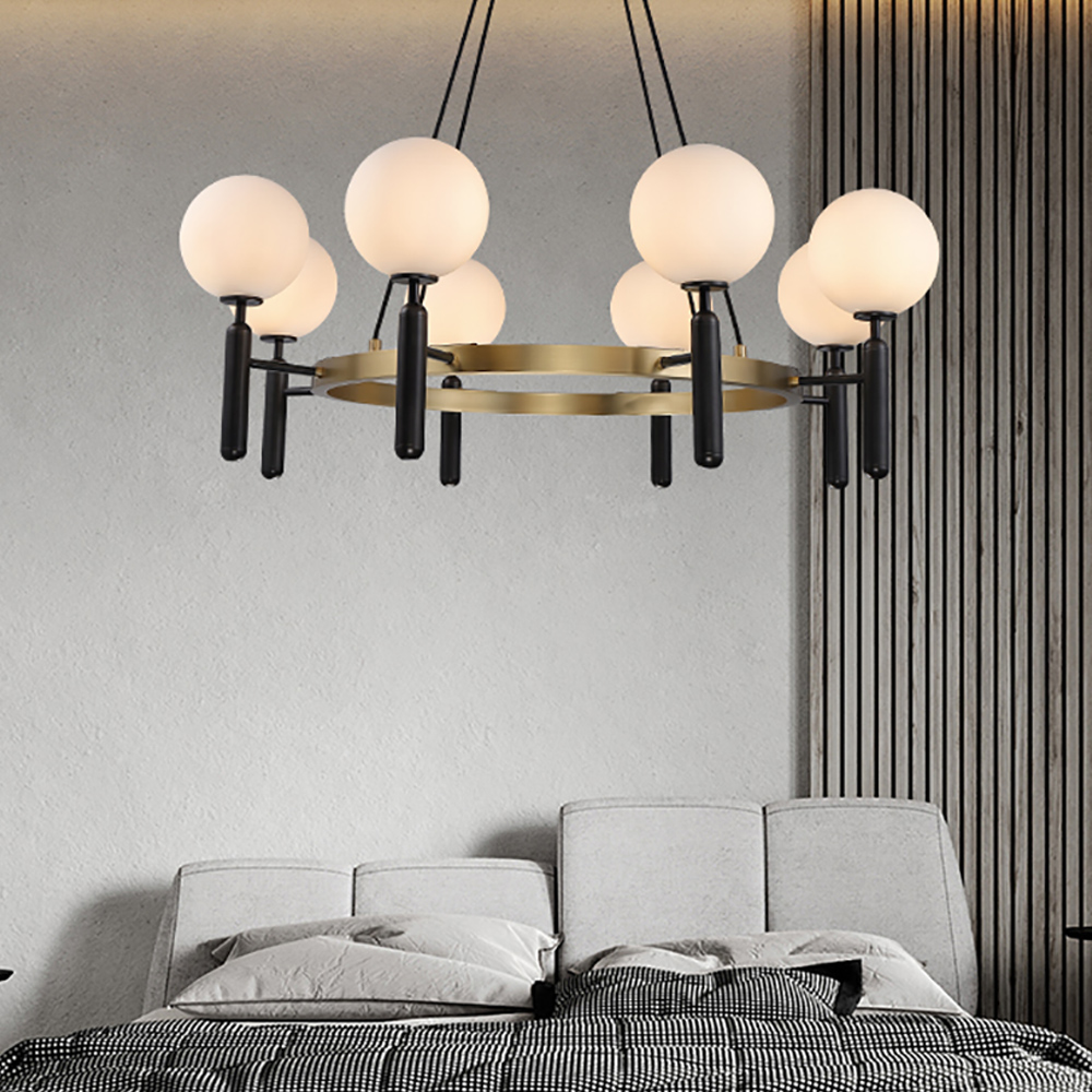 

Modern Black & Gold 8-Light Chandelier with White Globe Shaped Lampshades