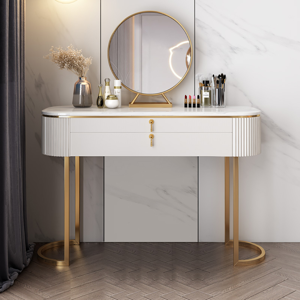 Modern 2-Drawer White Makeup Vanity Table Mirror Included