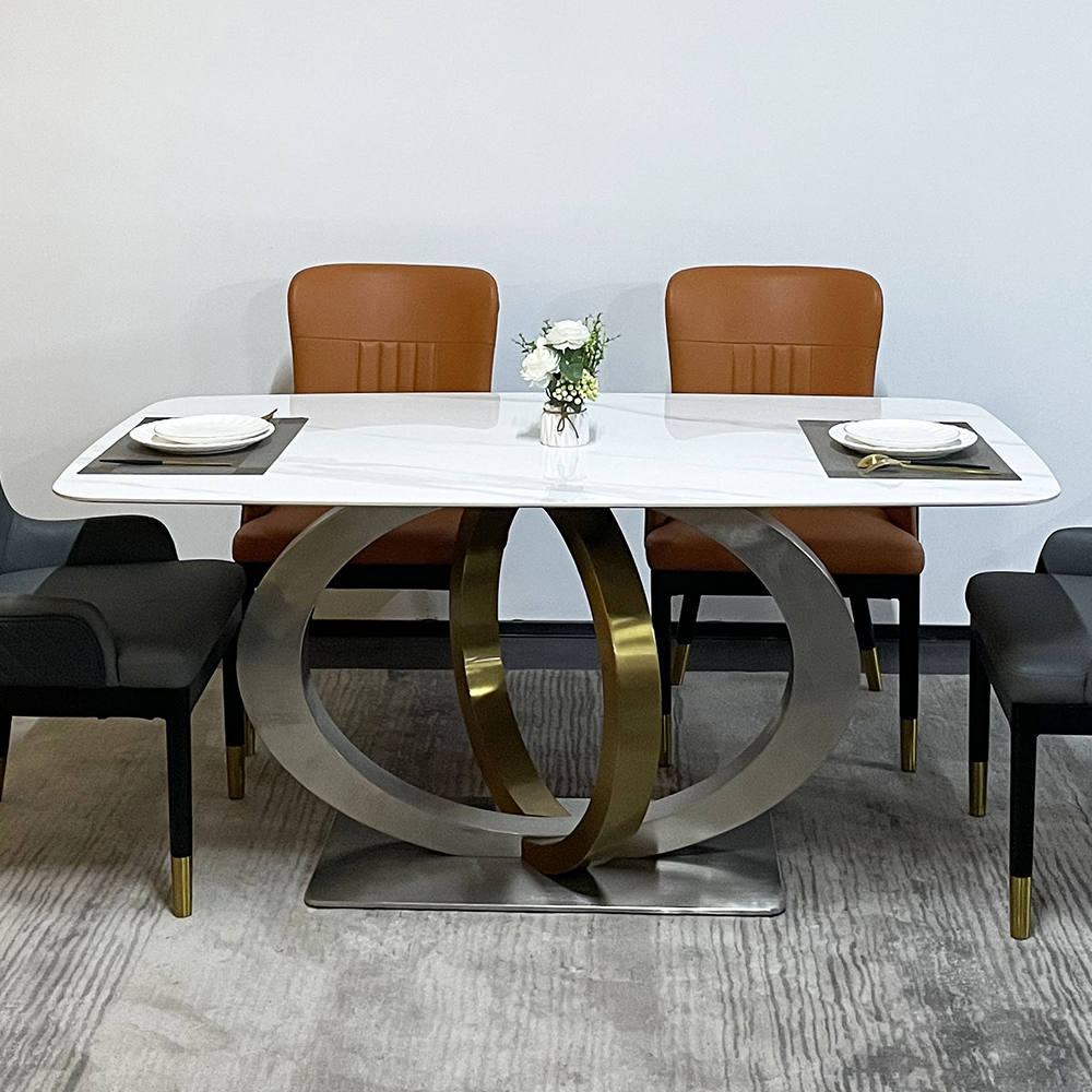 

Rectangular Stone-Top Dining Table Geometric Pedestal Stainelss Steel Base