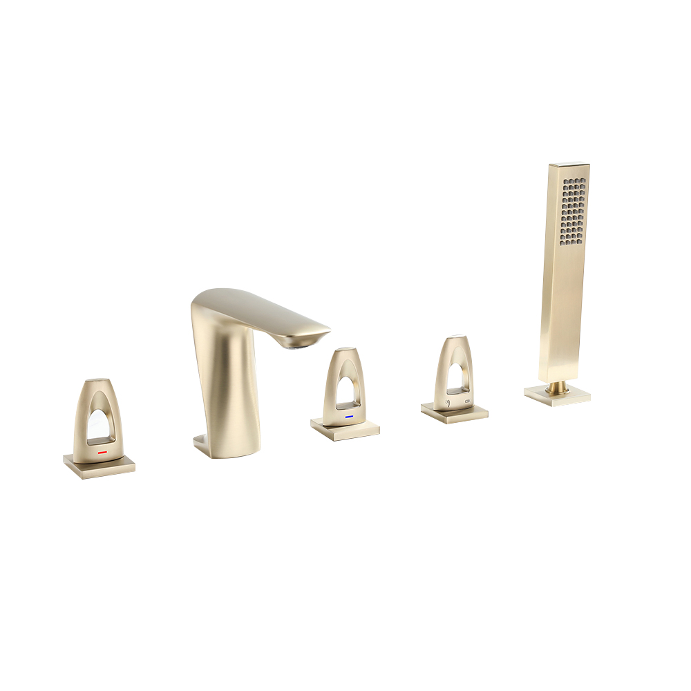 Modern Deck Mounted 3-Handle 5-Hole Bath Filler Tap with Sprayer in Brushed Gold