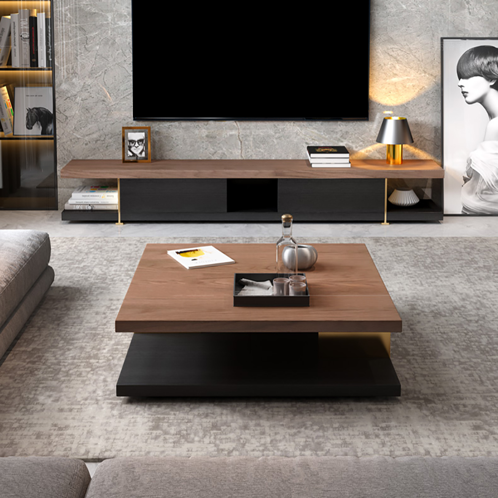 

Modern Walnut Solid Wood TV Stand & Coffee Table with Drawers Set of 2