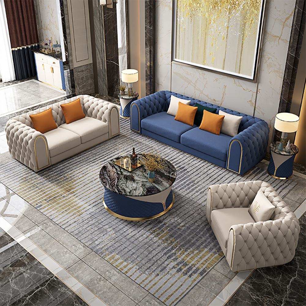 3-Piece Blue & Beige Luxury Velvet Upholstered Chesterfield Sofa Living Room Set