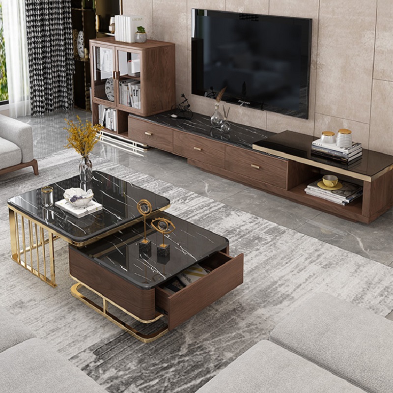 

Manufacutred Wood & Marble TV Stand Coffee Table Set of 3 with Drawers and Side Cabinets