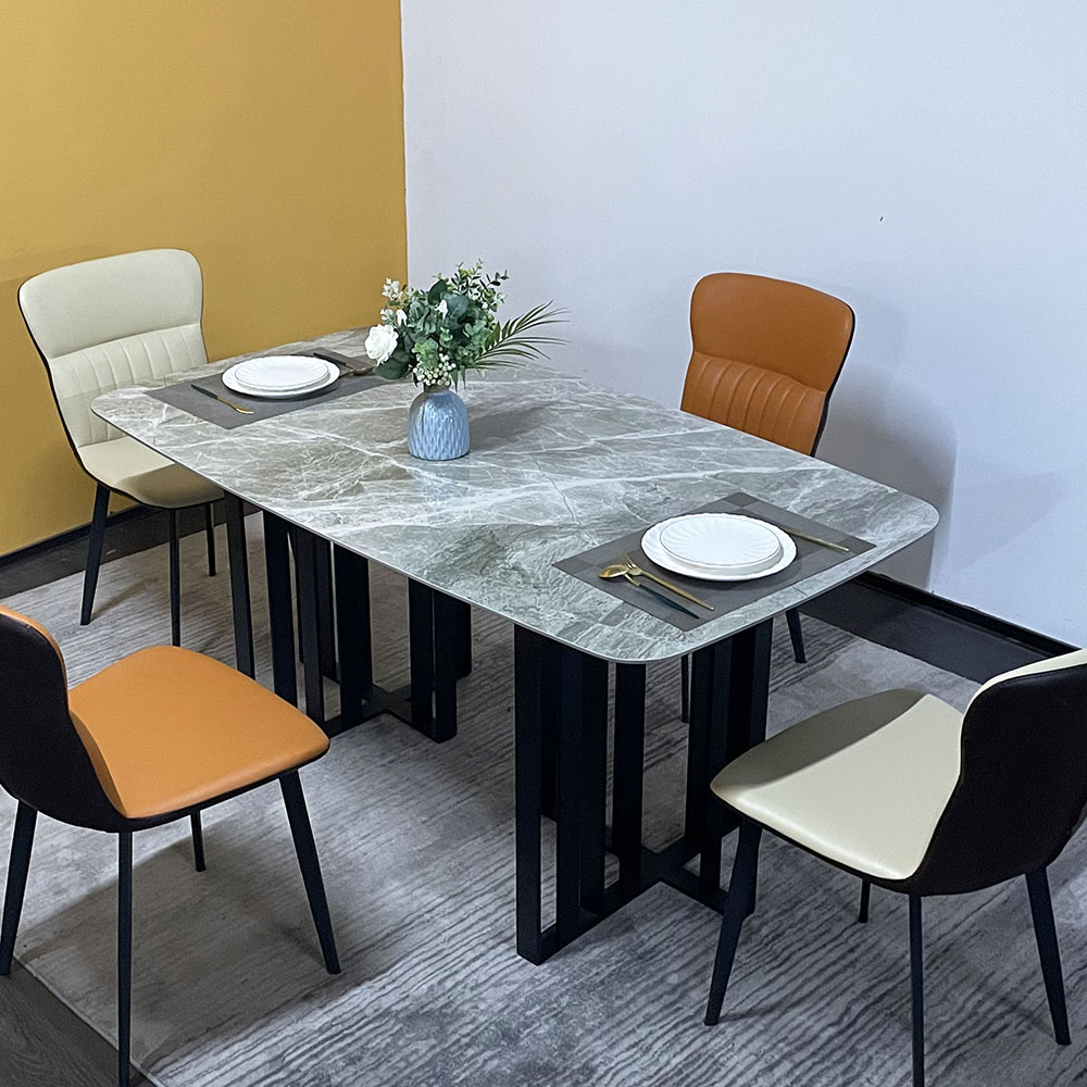 

Modern Rectangle Stone-Top Dining Table Double Pedestal Carbon Steel Base