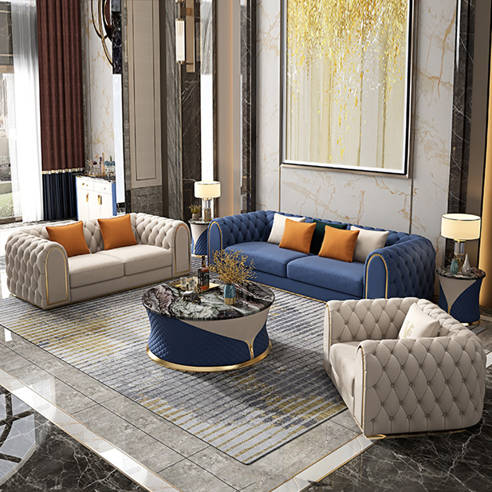 Image of 3-Piece Blue & Beige Luxury Velvet Upholstered Chesterfield Sofa Living Room Set