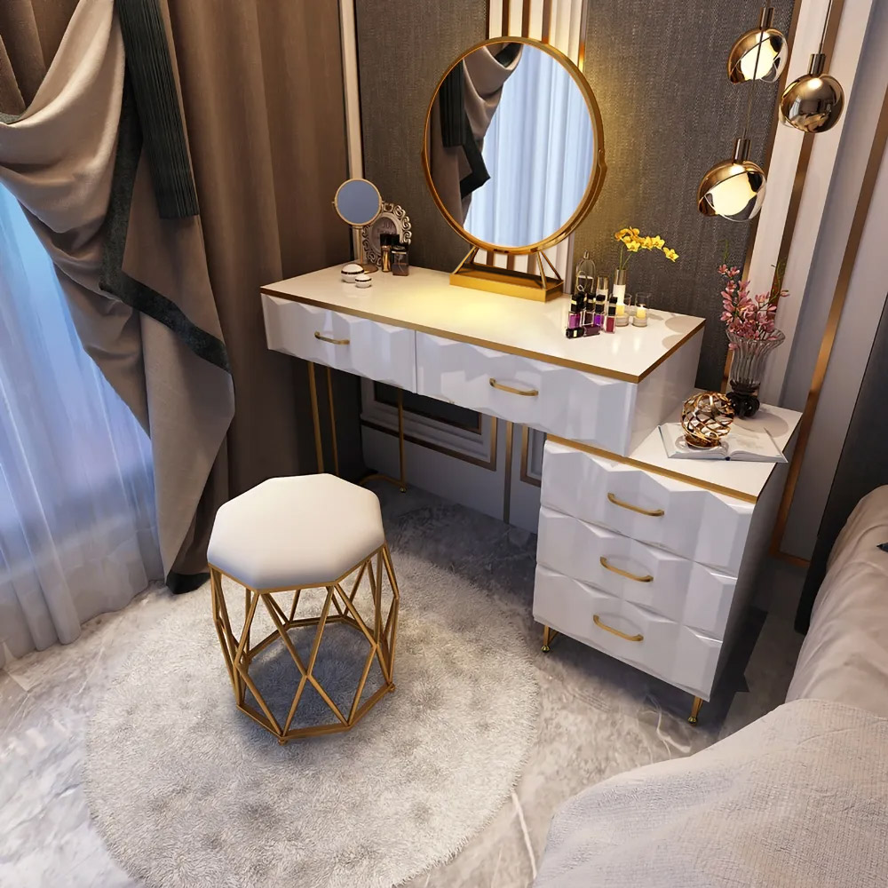 Modern White Extendable Makeup Vanity 5 Drawers Dressing Table Set with Stool and Mirror