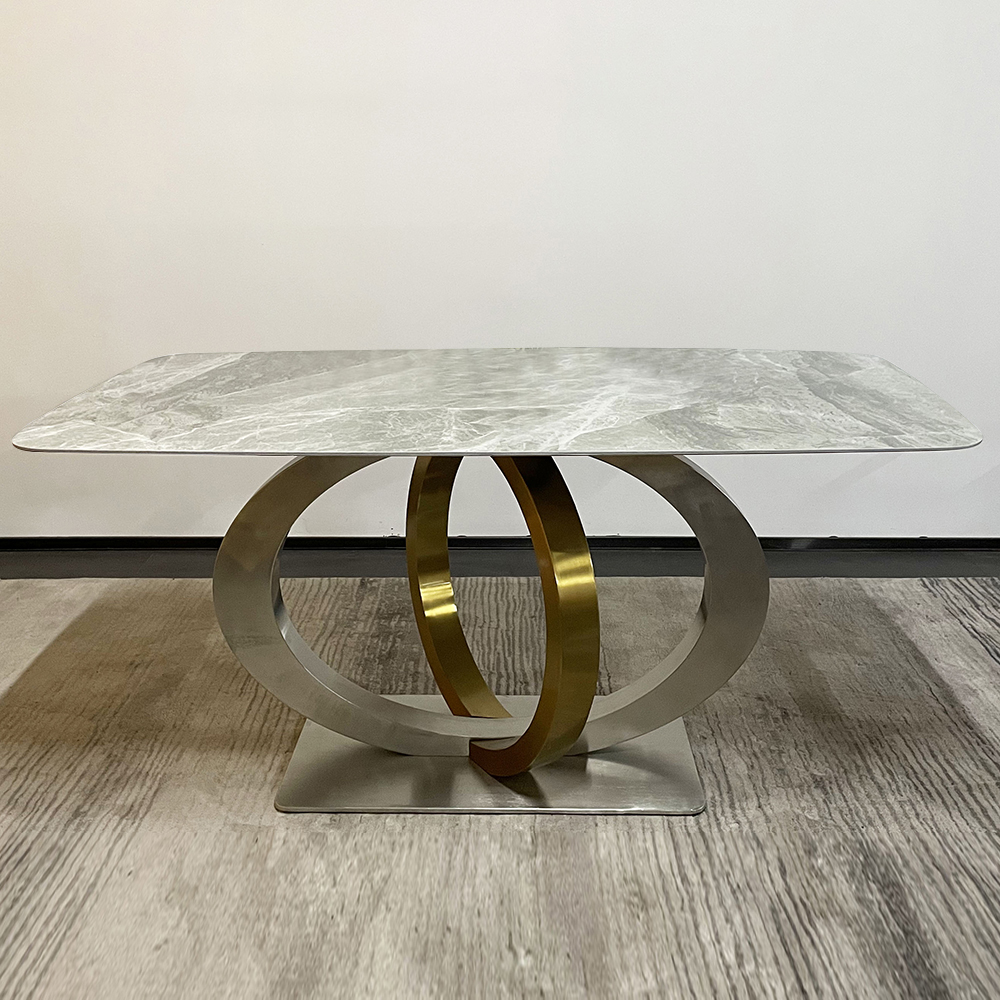 

Rectangular Stone-Top Dining Table Geometric Pedestal Stainelss Steel Base
