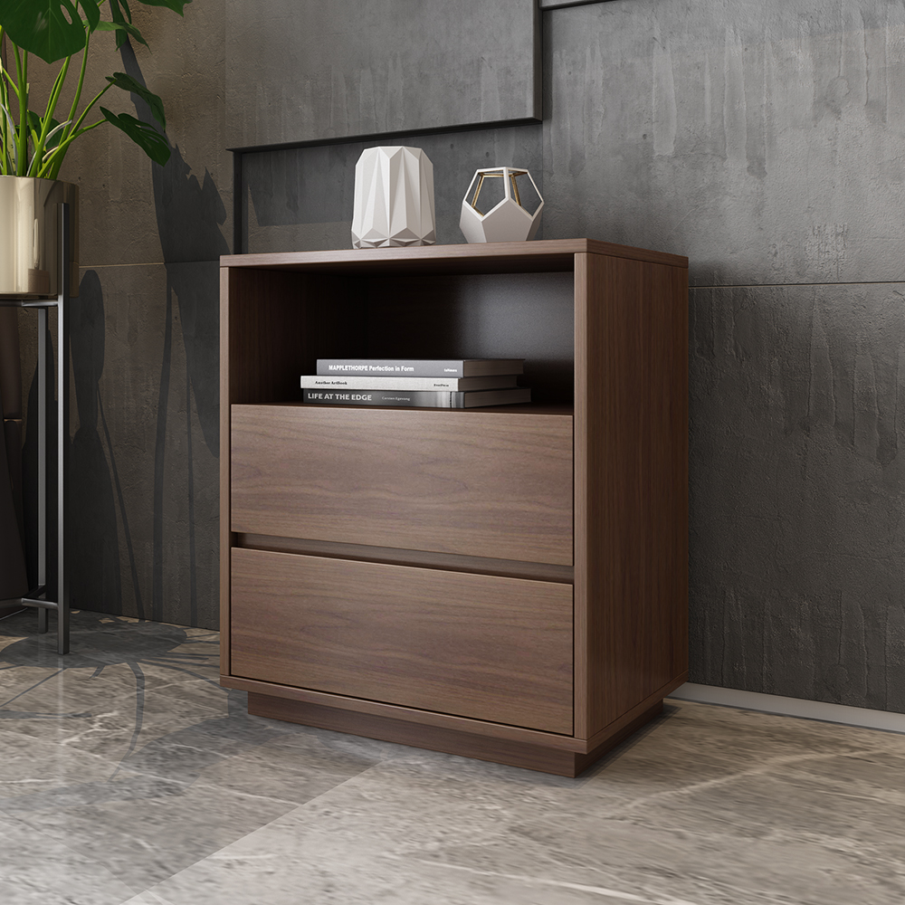 

Wooden Walnut Floorstanding 2 Drawers Chest with Open Storage