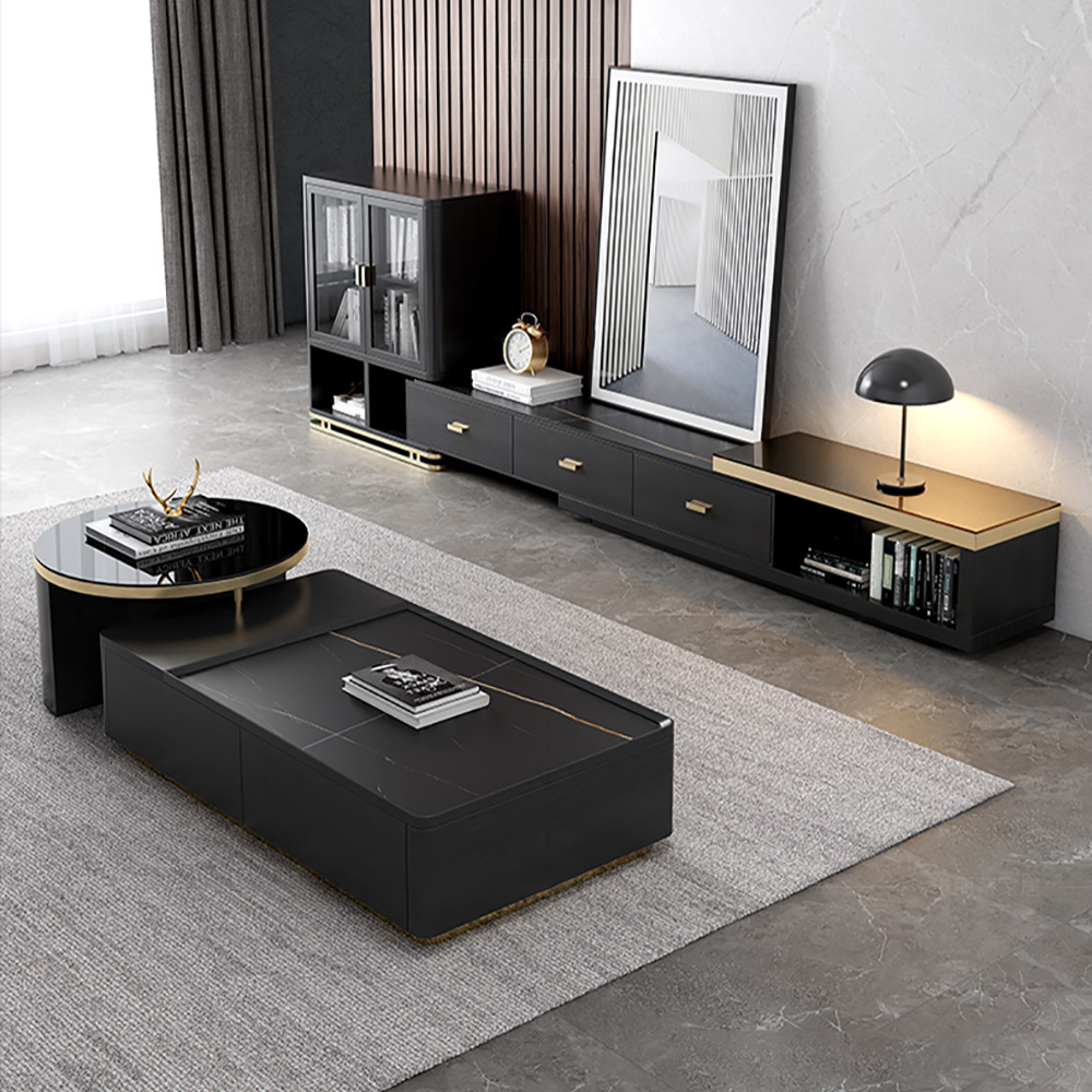 Modern Geometry Set Coffee Table & Extendable TV Console with Storage Set of 2