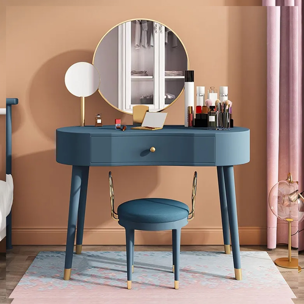 

Elegant Makeup Vanity Table Set 2 Mirrors with Drawer & Stool Brushed Gold Blue