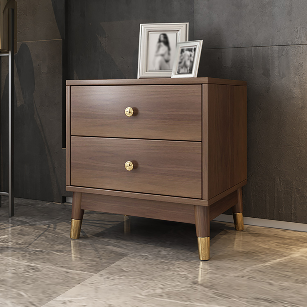 Walnut Nightstand 2-Drawer Chest Low Bedside Table with Sotrage