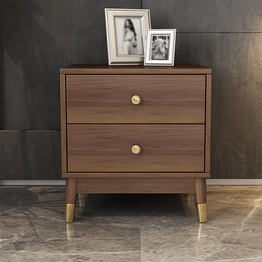 Walnut Nightstand 2-Drawer Chest Low Bedside Table with Sotrage