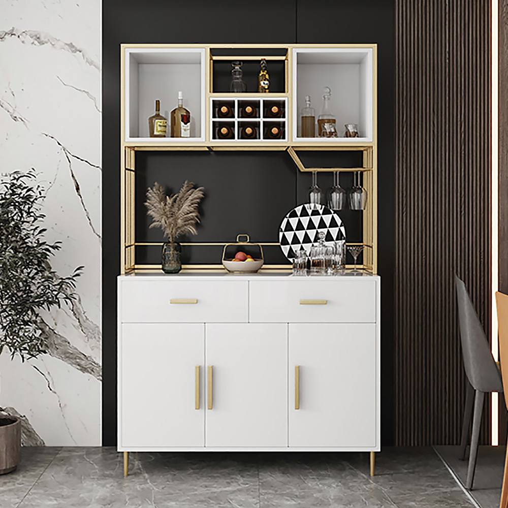 Image of 78.7" White & Gold Freestanding Cabinet & Pantry Organization with Wine Glass Holder