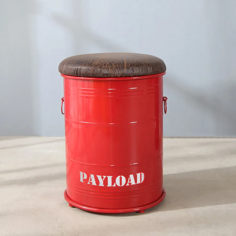 

Industrial Inspired Red Oil-Barrel Stool with Storage Metal Drum Accent Stool PU Leather Upholstery