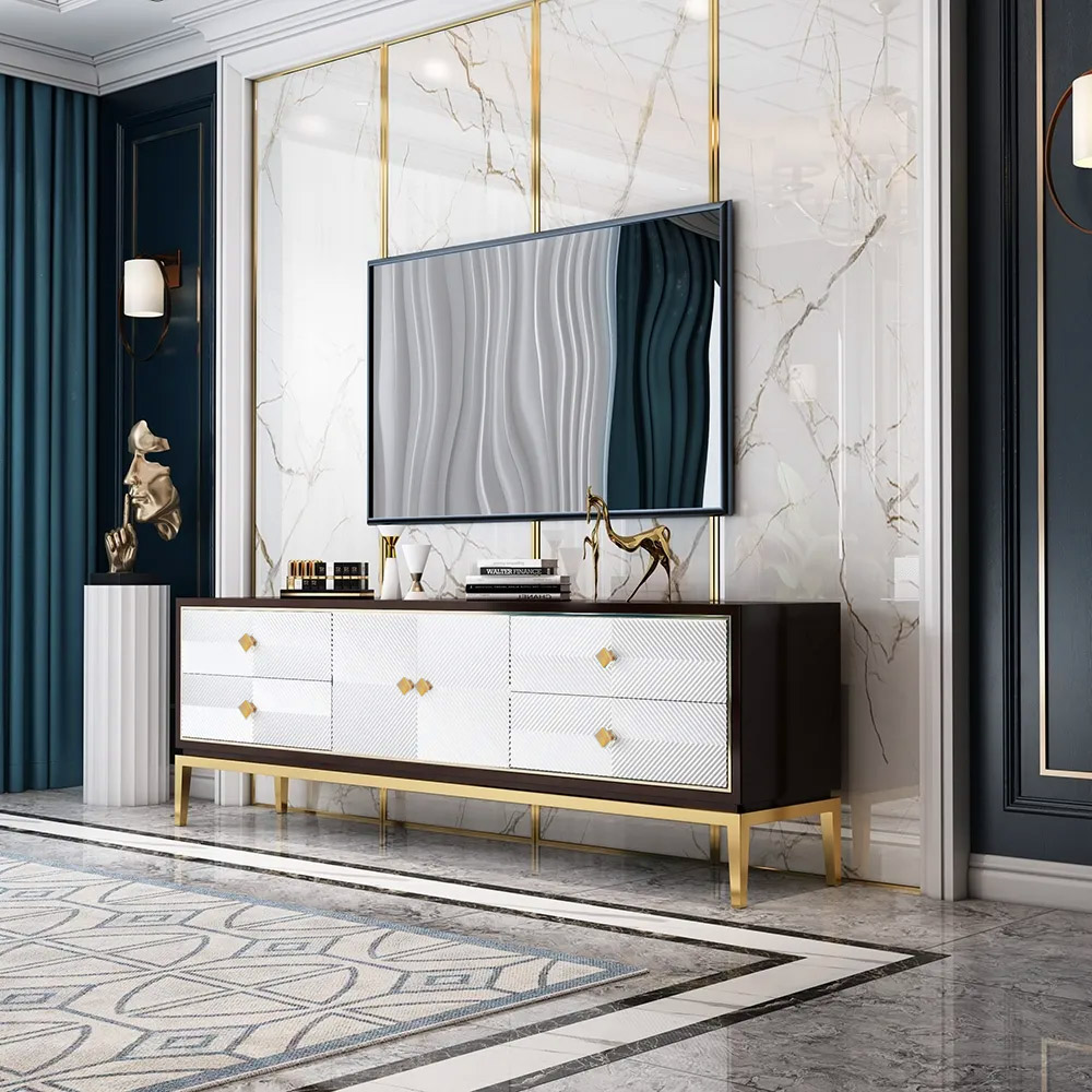 

Modern TV Stand with Doors & Shelf & Drawers for TVs up to 85" in Gold