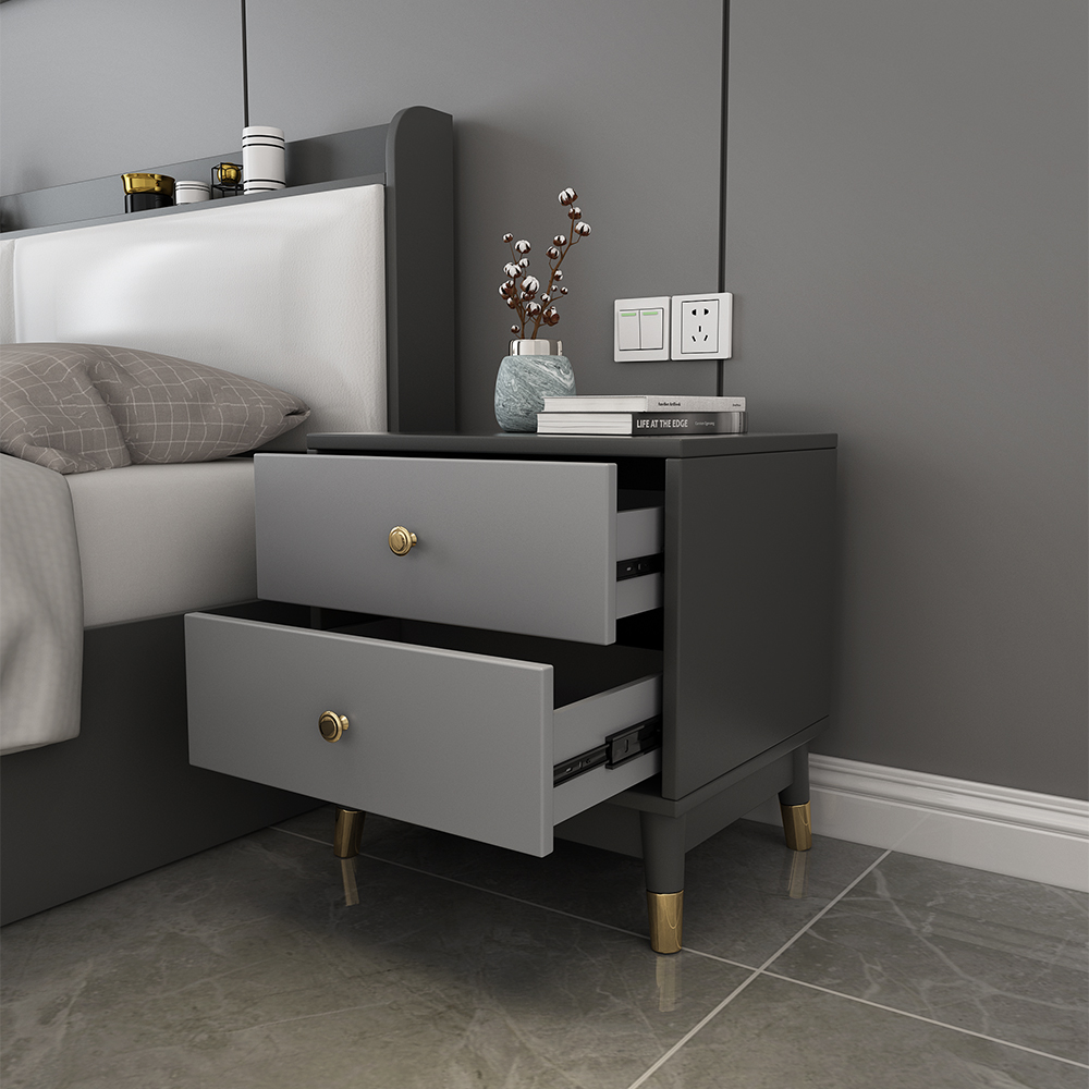 Modern Nightstand with 2 Drawers in Grey with Metal Legs