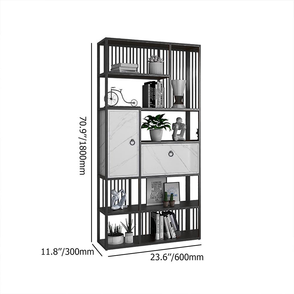 

70.9" Modern 5-Tier Geometric Bookshelf with 1 Drawer and 1 Door in Black & Gold