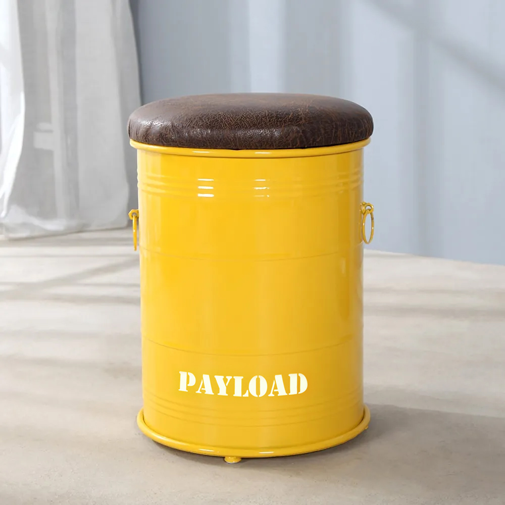 

Industrial Inspired Yellow Oil-Barrel Stool with Storage Metal Drum Accent Stool PU Leather Upholstery