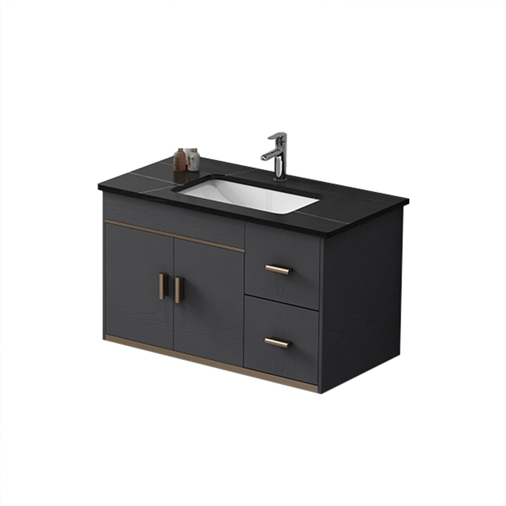 24" Floating Wood Bathroom Vanity Set with Black Stone Top & Ceramic Sink
