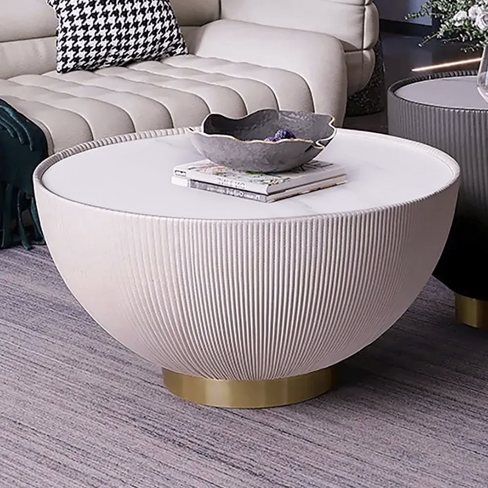 Beige Drum Coffee Table Stone Round PU-Leather Accent Table in Gold