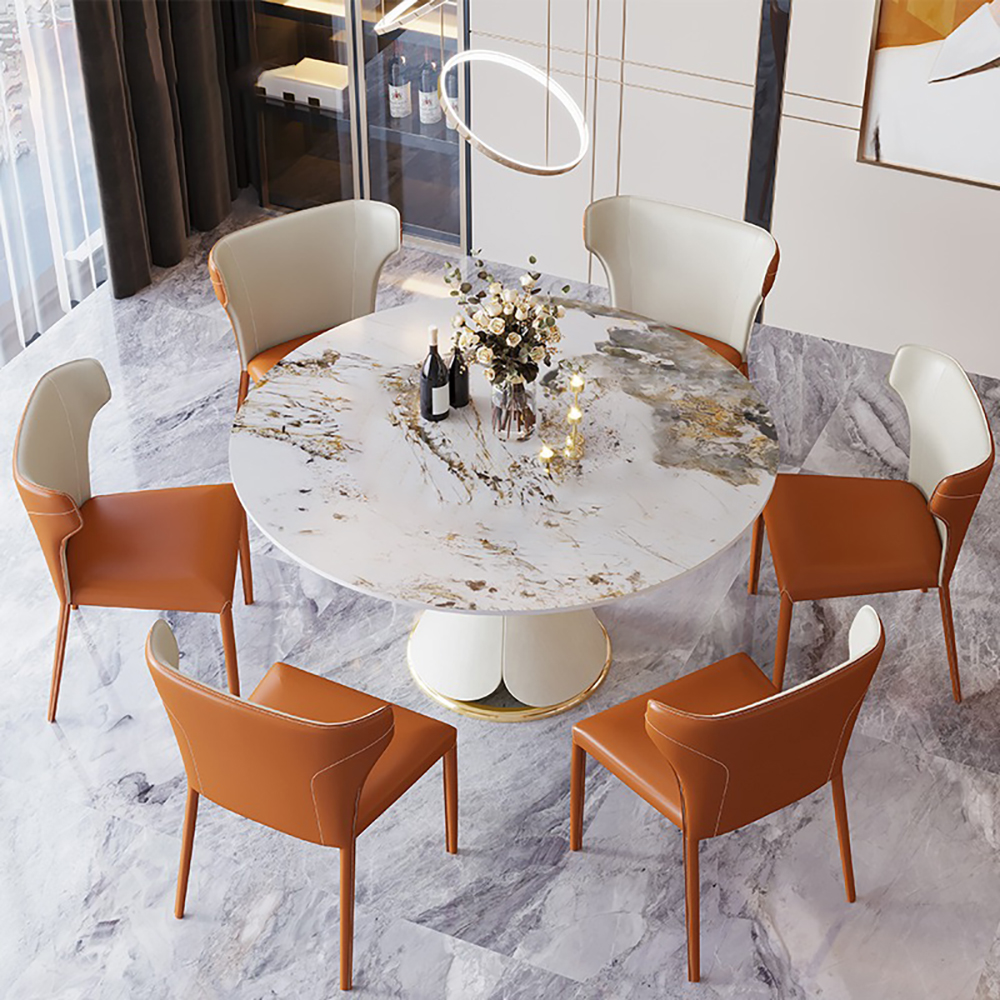 Table de salle à manger ronde en pierre blanche avec cadre en acier inoxydable doré