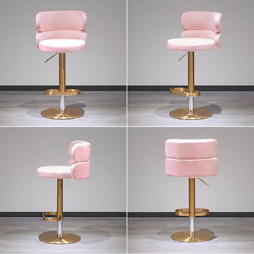 Swivel Bar Stool with Backrest Adjustable Height Pink Velvet Upholstery