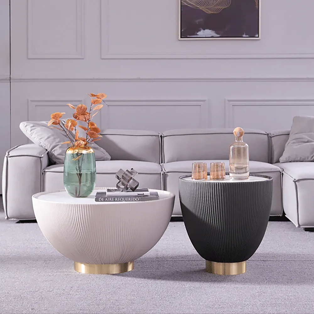 Beige & Gray Drum Coffee Table Stone Round PU-Leather CoffeeTable Set