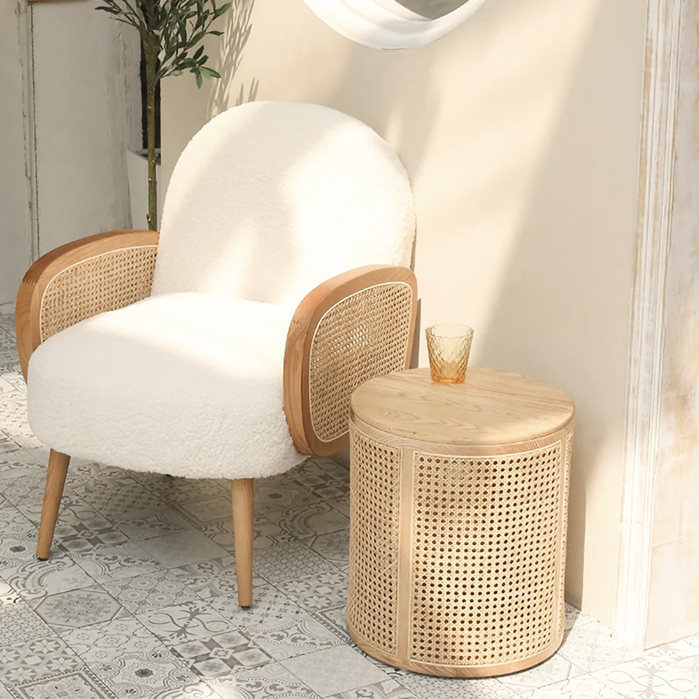 Japandi Round End Table with Storage Rattan Side Table