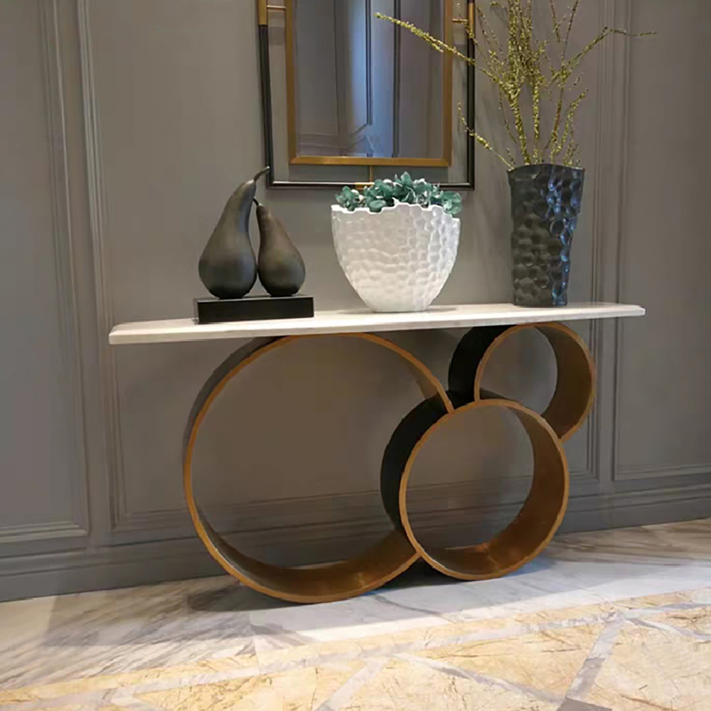 57.1" Contemporary Narrow White Console Table Marble Top Round Stainless Steel Pedestal