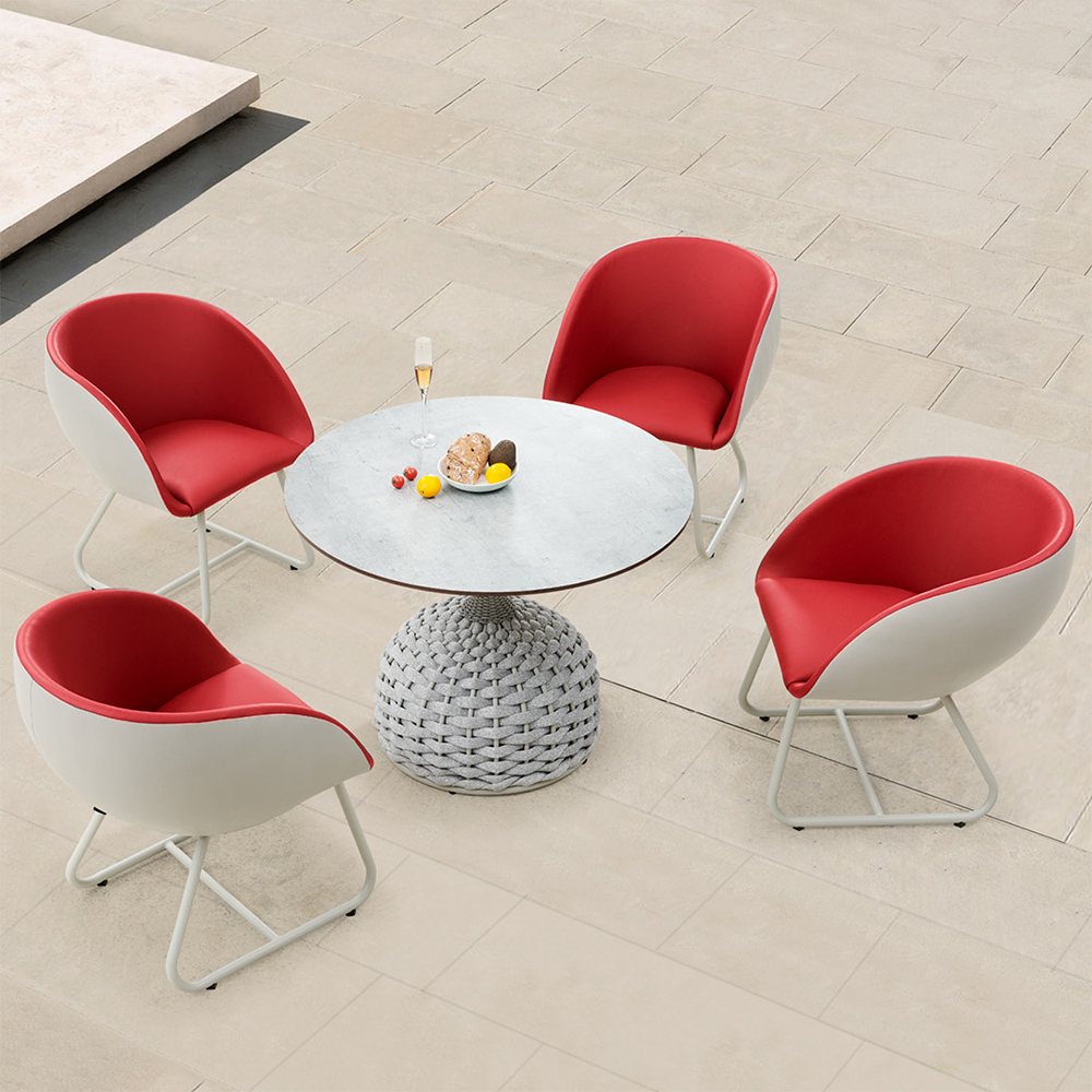 

5 Pieces Red & White Patio Dining Set with Round Table & 4 Leather Chairs