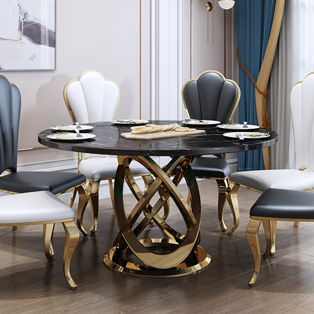 

59" Modern Black & Gold Round Marble Dining Table with Stainless Steel Pedestal